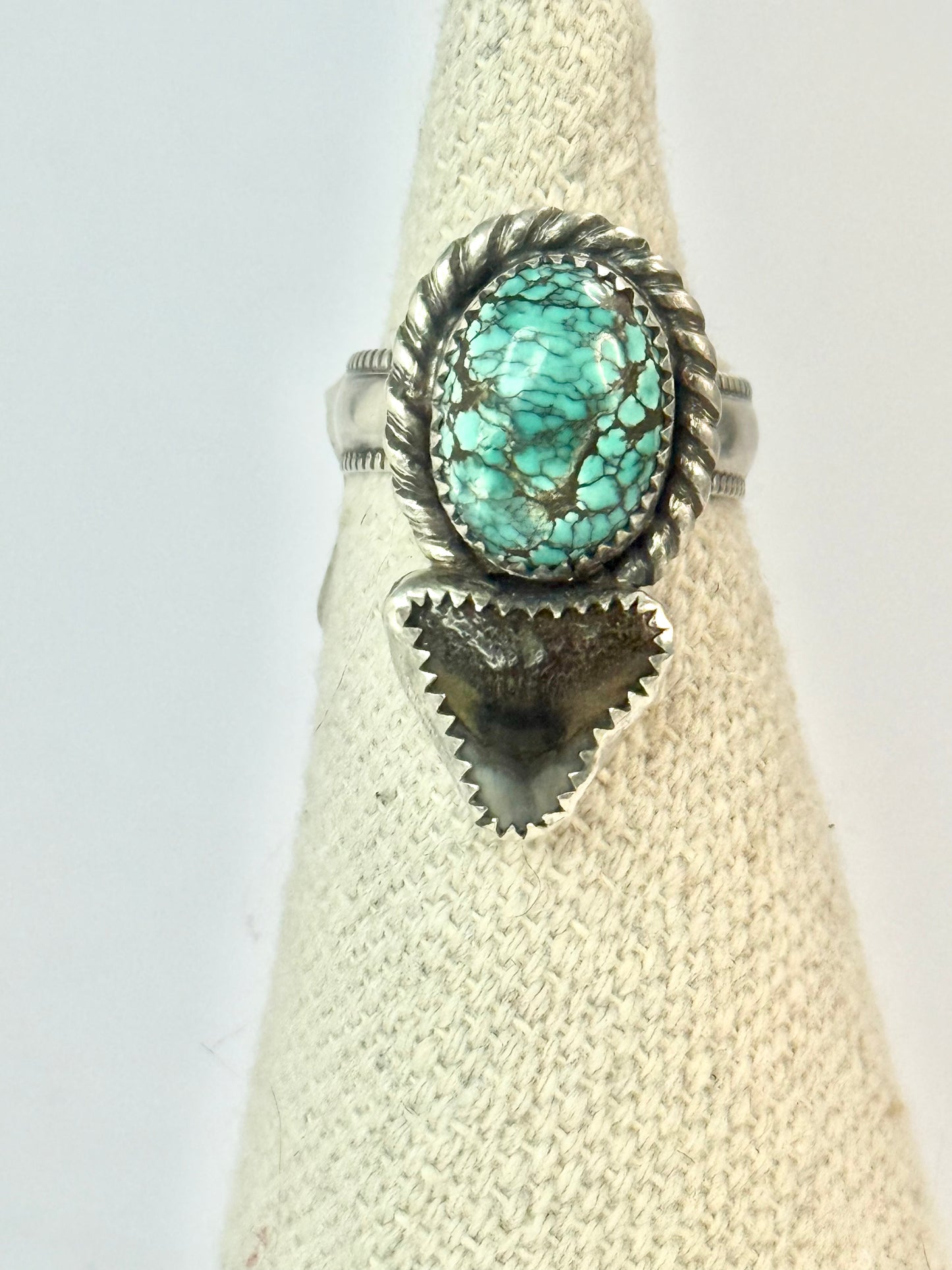 Small Bull Shark Tooth & Turquoise Ring - Size 7