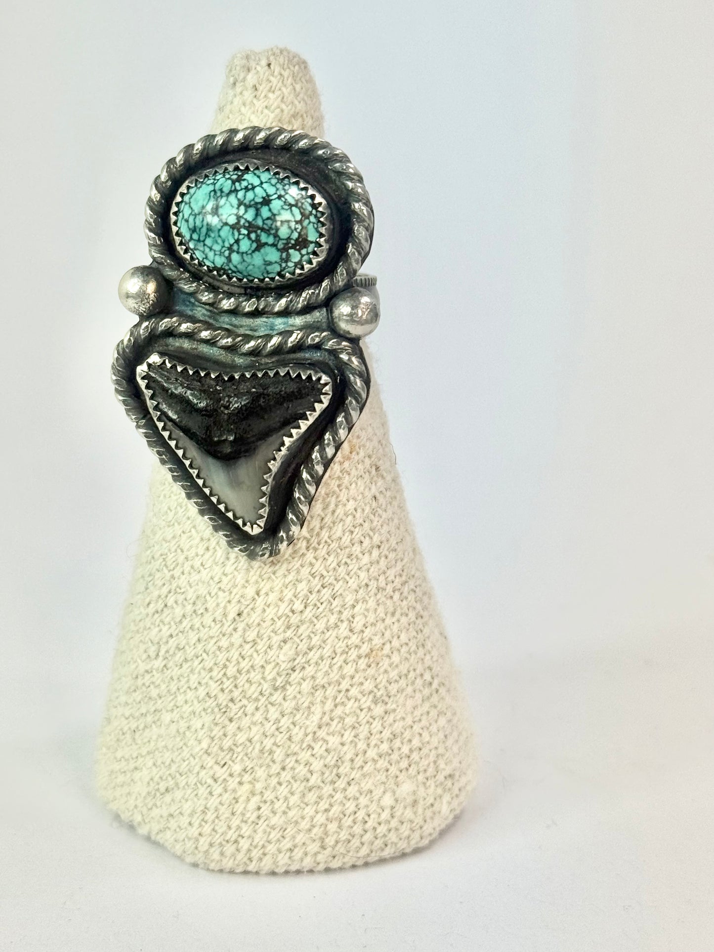 Large Bull Shark Tooth & Turquoise Ring - Size 7