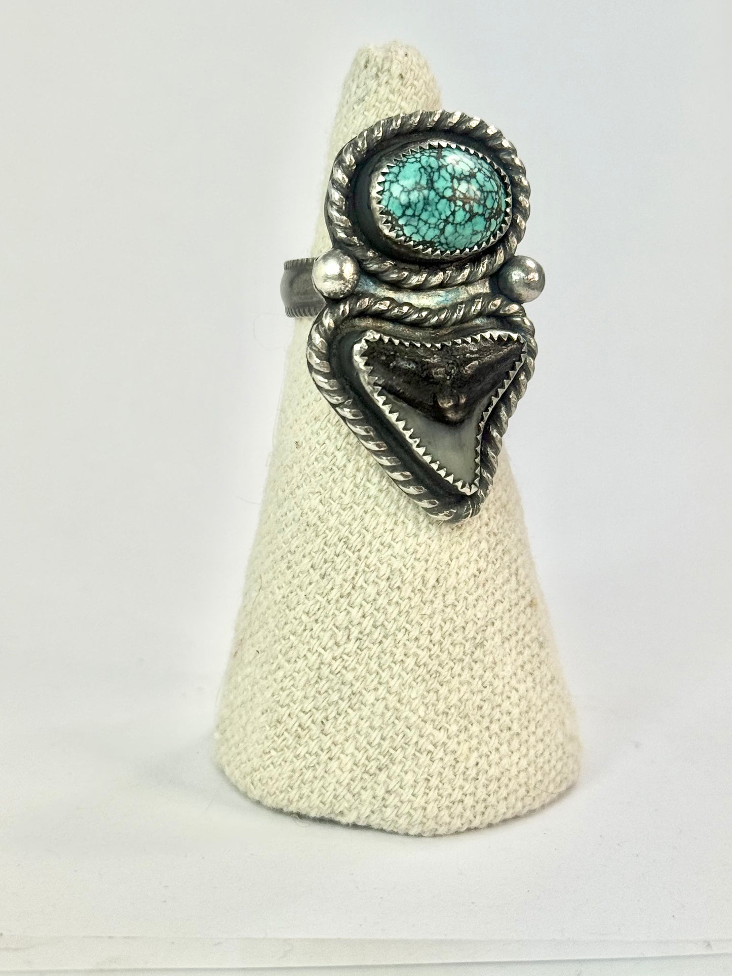 Large Bull Shark Tooth & Turquoise Ring - Size 7