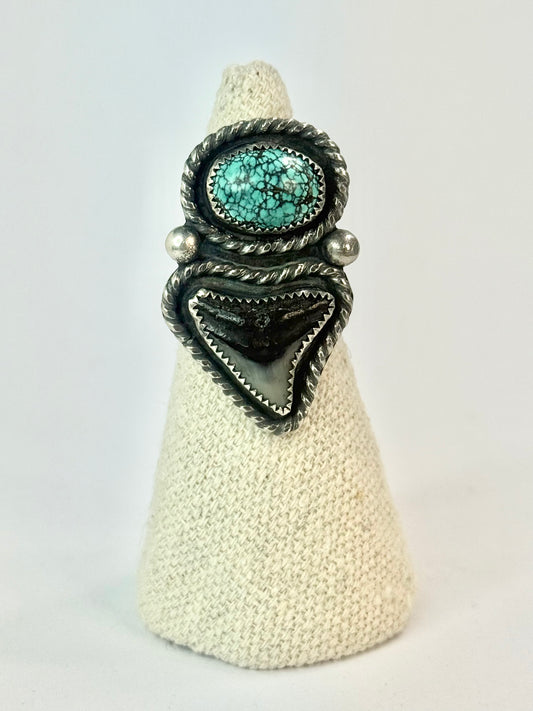 Large Bull Shark Tooth & Turquoise Ring - Size 7