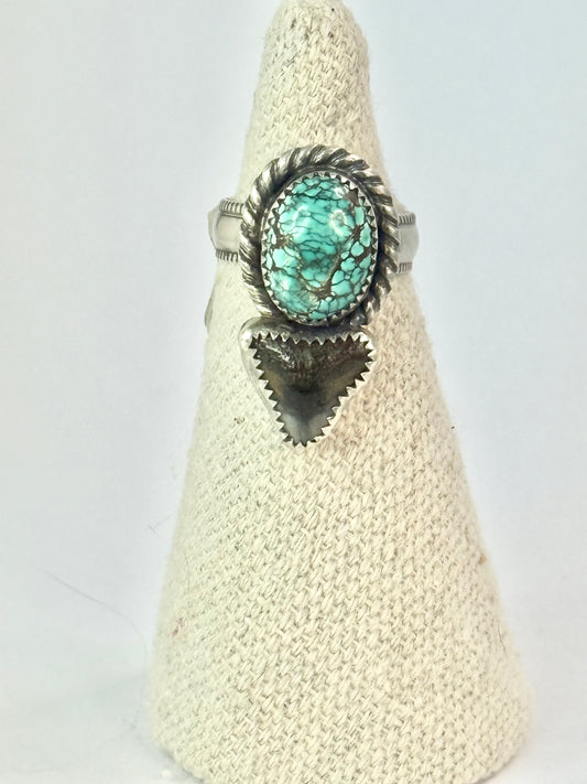 Small Bull Shark Tooth & Turquoise Ring - Size 7